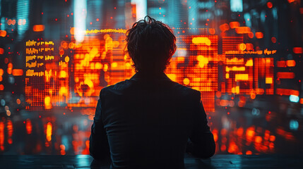 A focused business leader standing in front of a group, with glowing charts and financial graphs in the background,