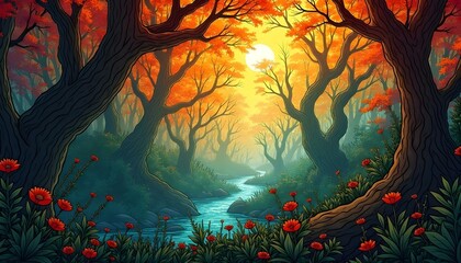 A tranquil scene of autumn foliage, a gentle stream, and blooming flowers at sunset