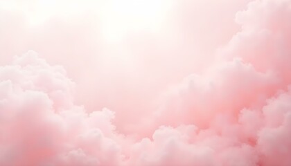 A bright sky filled with fluffy pink clouds gently illuminated by warm sunlight