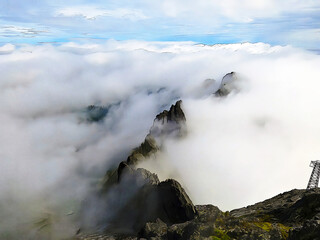 Mountain peaks in the clouds in the High Tatras