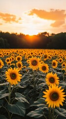Obraz premium Sunset over a vast field of sunflowers 