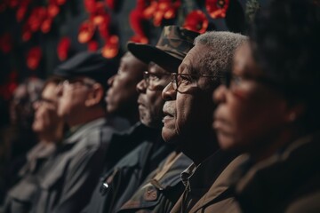 Diverse Military Veterans Honoring Fallen Heroes at Memorial with Poppy Wreaths on a Solemn Day