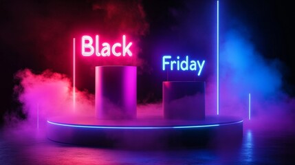 Neon Black Friday Sale sign in dark lights with a glowing platform. Podium stand for promotions
