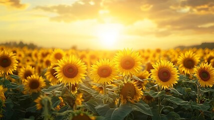 Fototapeta premium Sunset over a vast field of sunflowers 