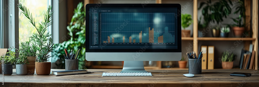 Aufkleber A clean and organized workspace with task lists and a computer screen showing a rising productivity graph,