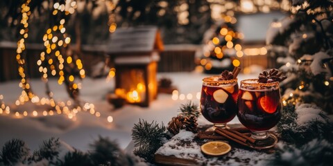Two glasses of mulled wine with cinnamon sticks and orange slices, in snowy winter wonderland with cozy cabin and twinkling lights