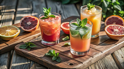 Three colorful cocktails adorned with mint sit on a wooden platter, surrounded by fresh citrus fruits. The scene captures a vibrant and inviting atmosphere on a sunny day