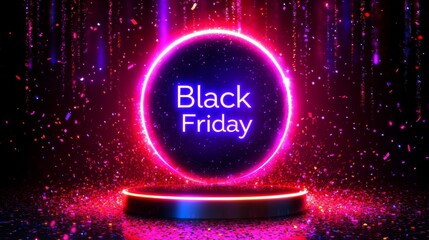 Obraz premium Neon Black Friday Sale sign in dark lights with a glowing platform. Podium stand for promotions