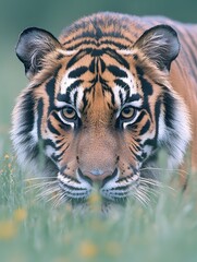 Naklejka premium Close-up portrait of a tiger's face, peering through tall green grass. The tiger's piercing gaze and intricate stripes are captivating.