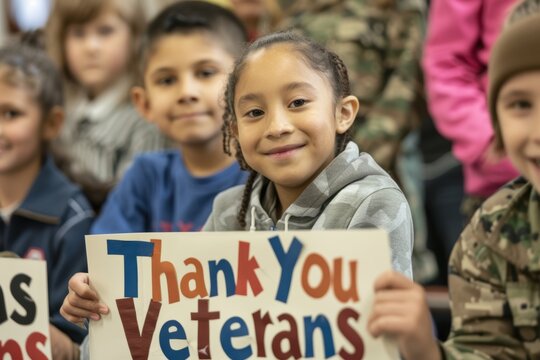 Schoolchildren Presenting Handmade Banners to Veterans During a Heartfelt Veterans Day Assembly