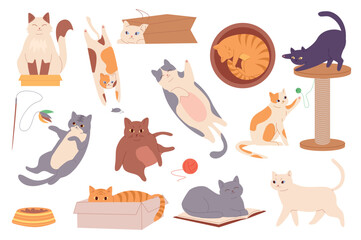 Set of playing cats in flat cartoon design. Illustration of various cats playing and resting in various poses, including sleeping, climbing, sitting and jumping . Vector illustration.