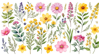 wildflowers pink olated watercolor bouquets arrangements illustration yellow botanic white garden background set branches leaves flowers wildflower watercolor rose botanical bouquet tree branch bunch