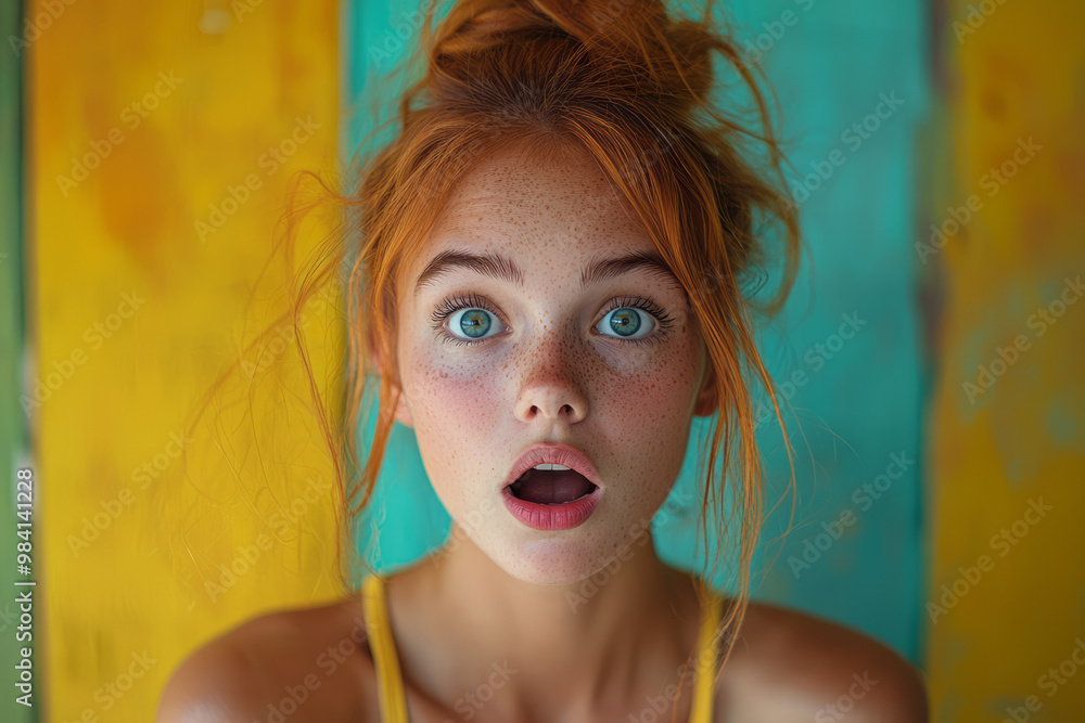 Wall mural a young woman with her mouth wide open in shock, her eyes full of disbelief,