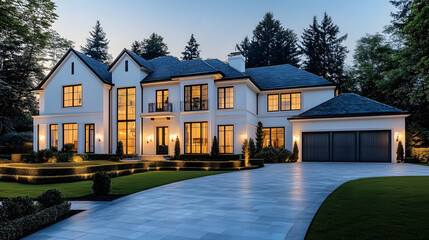 Driveway in front of the big white luxury dream house during the evening. Residential home exterior, expensive dwelling, and rich family yard.