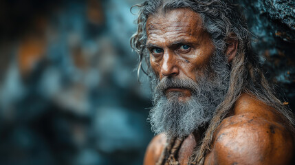 Fototapeta premium primitive man, Cro-Magnon or Neanderthal against the background of a cave wall with ancient hunting drawings, handprints, stone age, ancient history, human ancestor