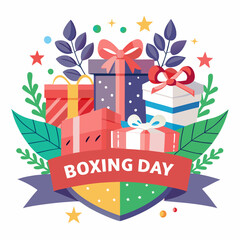 Celebrate Boxing Day with this festive illustration of gifts surrounded by festive foliage and a decorative shield. Perfect for creating holiday graphics, cards, or social media posts.