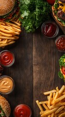 Unhealthy fast food with sauces on wooden table