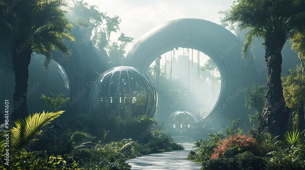 Poster Lush Jungle Pathway with Futuristic Structures