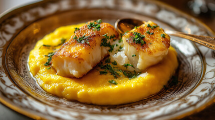  Polenta with mixed butter and chopped fresh sheep's curd, seasoned cod is placed on top of the polenta