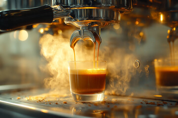 Close up of coffee machine pouring hot coffee with steam rising in the background