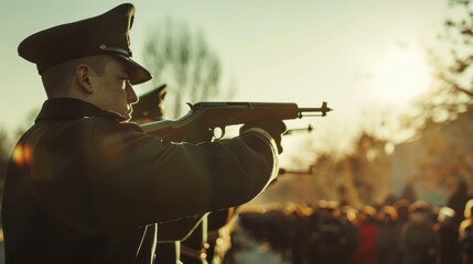 Military Honor Guard Firing Salute on Armistice Day under Clear Sky - Solemn Ceremony Moment
