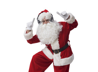Cheerful Santa Claus wearing headphones and dancing
