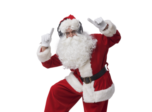 Cheerful Santa Claus wearing headphones and dancing - Powered by Adobe