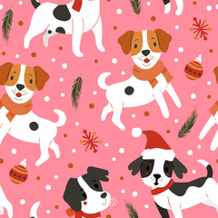 Cute cartoon dogs of different breeds and Christmas decorations, christmas balls, pin tree, dots. Festive vector illustration - dog on winter holidays in flat style. Seamless pattern