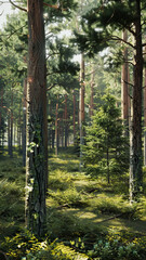 Obraz premium A serene forest scene featuring tall trees, lush greenery, and dappled sunlight filtering through leaves, creating tranquil atmosphere