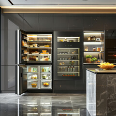Modern kitchen with high end gray cabinet featuring stylish refrigerator. interior showcases organized shelves filled with fresh produce, jars, and various food items, creating sleek and functional sp
