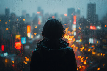 Fototapeta premium A personâ€™s shadowy figure tracing gentle lines on a foggy window during a rainy afternoon,