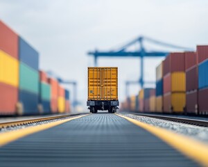 Fototapeta premium A single yellow cargo container on train tracks at a shipping port with other containers in the background.