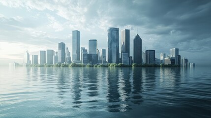 Naklejka premium City Submerged - 3D Rendering of Coastal Urban Area Affected by Rising Sea Levels and Climate Change