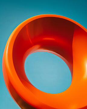 A vibrant orange object stands out against sky blue background, creating striking visual contrast. smooth curves and glossy finish evoke sense of modern design and creativity