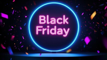 Neon Black Friday Sale sign in dark lights with a glowing platform. Podium stand for promotions