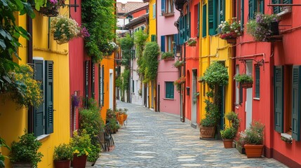 Narrow alleyway with colorful buildings and hanging plants generated AI