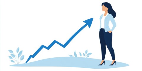 Obraz premium A woman stands in front of a blue arrow pointing upwards. Concept of growth and progress, as the woman is looking towards the future