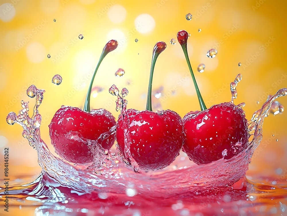 Poster three ripe cherries splash into a clear pool of water, creating a vibrant and refreshing scene.