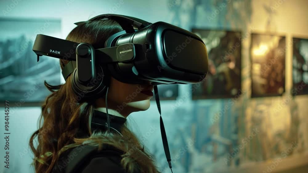 Aufkleber a young woman engages with virtual reality technology while exploring an art gallery filled with dig