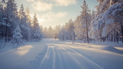 Obraz premium Beautiful winter landscape with snowy road and coniferous forest.