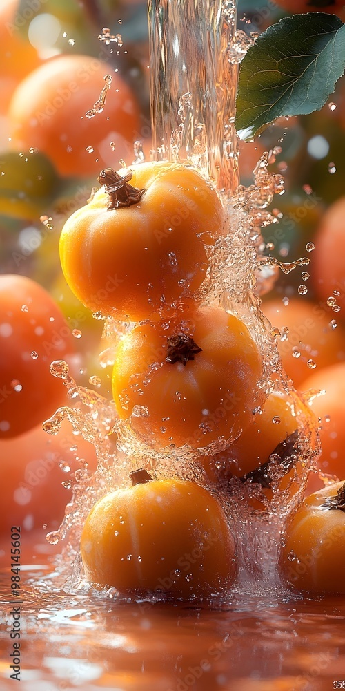 Poster a close-up of ripe persimmons being splashed with water, creating a vibrant and refreshing scene.