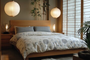 asian zen bedroom, serenely styled bedroom featuring a platform bed, rice paper lamps, and nature-inspired decor within an asian zen design aesthetic