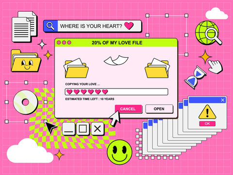 vector set of retro computer interface ui and icon,
vintage and dialog window 90's, download file, element and icon design