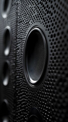 Close-up shot of a black speaker grille with a circular opening.