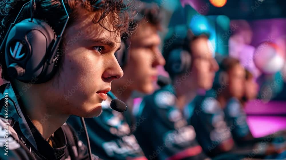 Poster four esports players focus intently on their screens, participating in a competitive tournament that