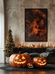 Obraz premium Aesthetic room interior design with Halloween elements. Wall with decoration in the apartment. Holiday pumpkins in the room.