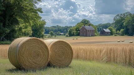 Open field with hay bales and a distant farmhouse generated AI