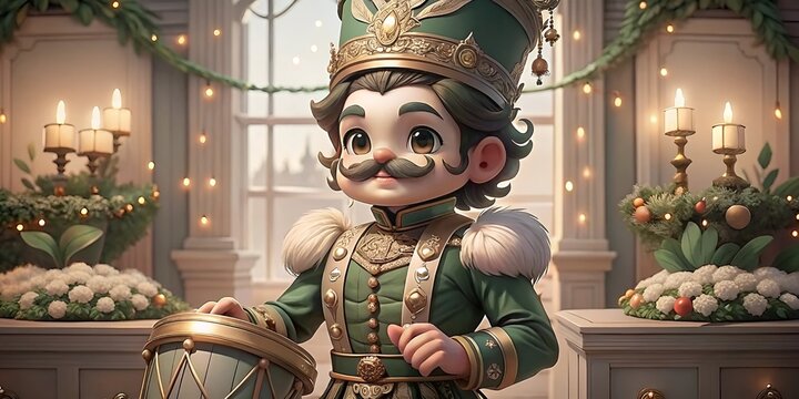 Cheerful 3D cartoon toy soldier with drum in festive Christmas setting