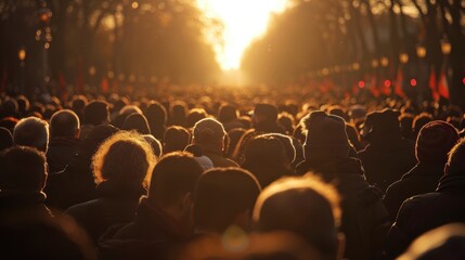 Crowd Observing Remembrance Day at Sunset - Silent Tribute Moment