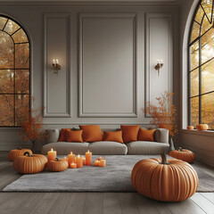 Aesthetic room interior design with Halloween elements. Wall with decoration in the apartment. Holiday pumpkins in the room.